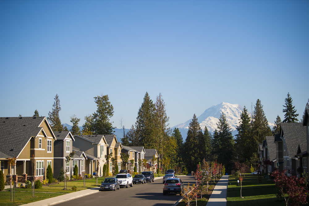 Neighborhood with Mount Rainier is in the background.