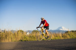 A man bikes along a country road bordered with barns and pastures.