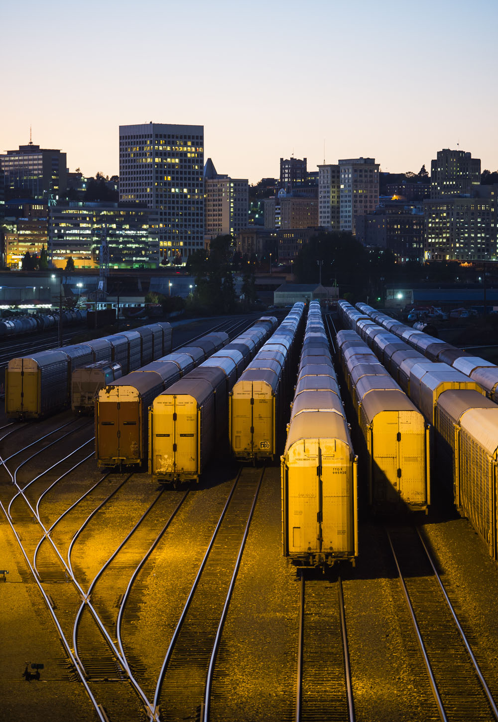 Trains in rail yard at night