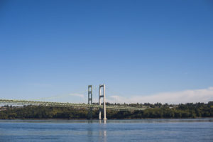 A view of the water and Tacoma Narrows Bridge looking from Narrows Park