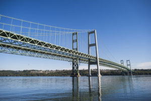 A closeup of the Tacoma Narrows Bridge