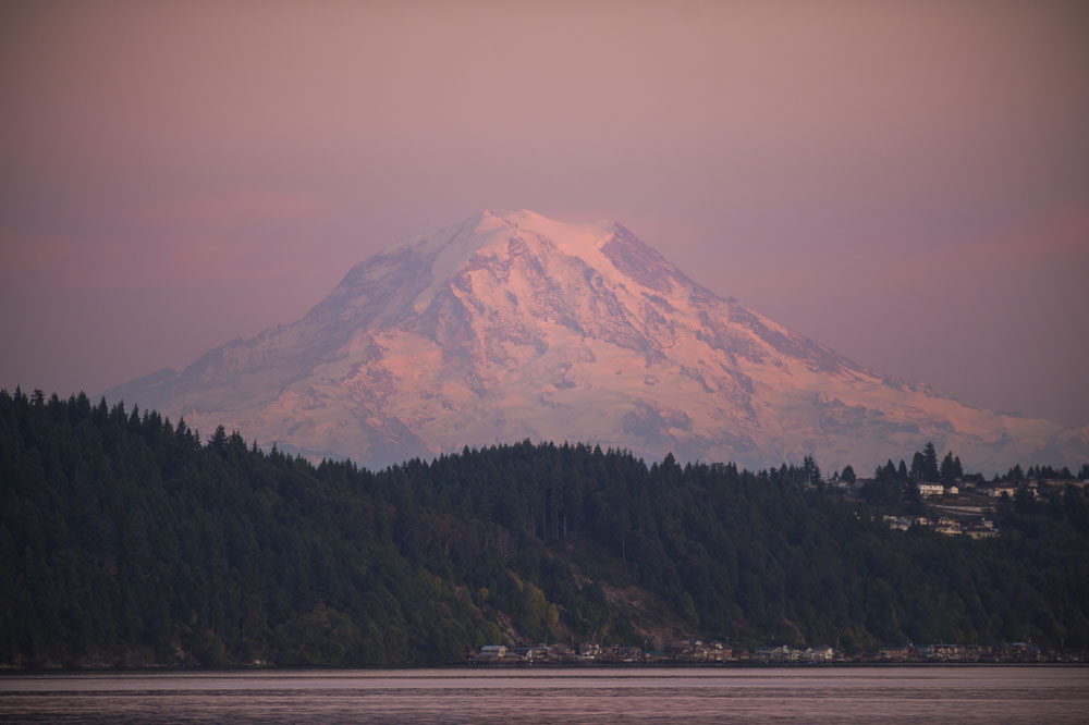 A closeup of Mount Rainier and the pink sky from the sunset